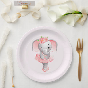 Plato De Papel Elefante rosa y gris suave Ballerina