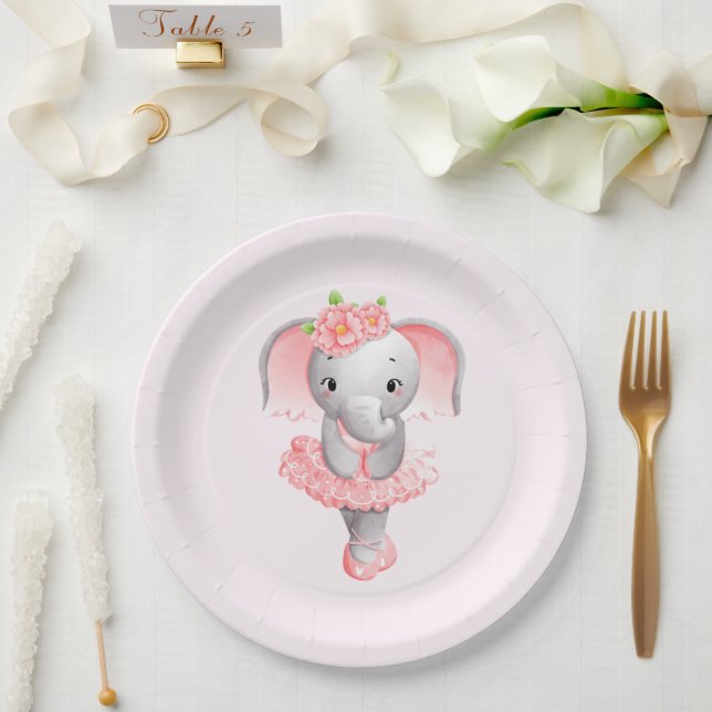 Plato De Papel Elefante rosa y gris suave Ballerina (Boda)