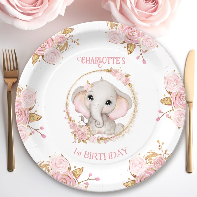 Plato De Papel Elefante Rosas de Flores Blancas Rosadas Primer cu (Elephant Pink White Floral Roses 1st Birthday Paper Plates)