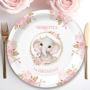 Plato De Papel Elefante Rosas de Flores Blancas Rosadas Primer cu