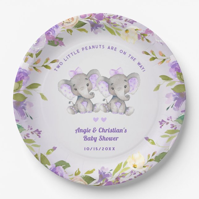 Plato De Papel Elefante son dos Chicas gemelos Baby Shower (Anverso)