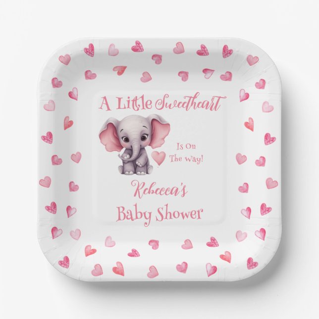 Plato De Papel Elefante Un Pequeño Chica  Baby Shower (Anverso)
