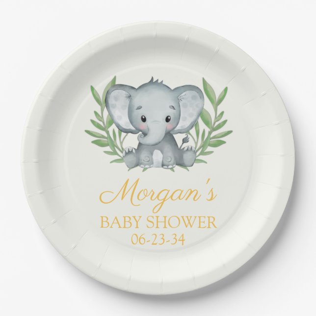 Plato De Papel Elefante verde Baby Shower neutro amarillo (Anverso)