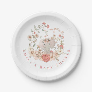 Plato De Papel Elefante Vintage Florals Chica blanco Baby Shower
