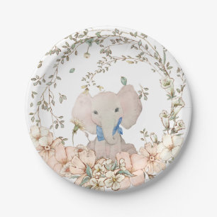 Plato De Papel Elefante Vintage Foliage White Boy Baby Shower