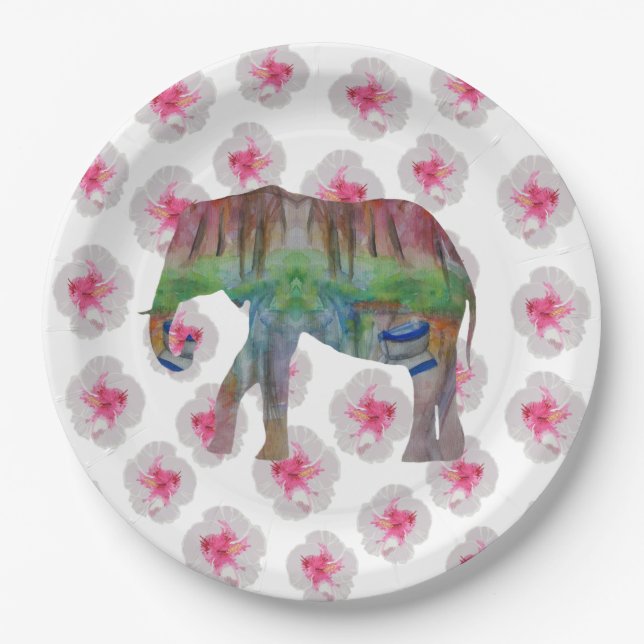 Plato De Papel Elefante y flores (Anverso)