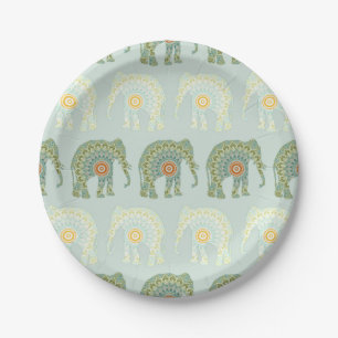 Plato De Papel Elefante y Mandala en Verde Claro