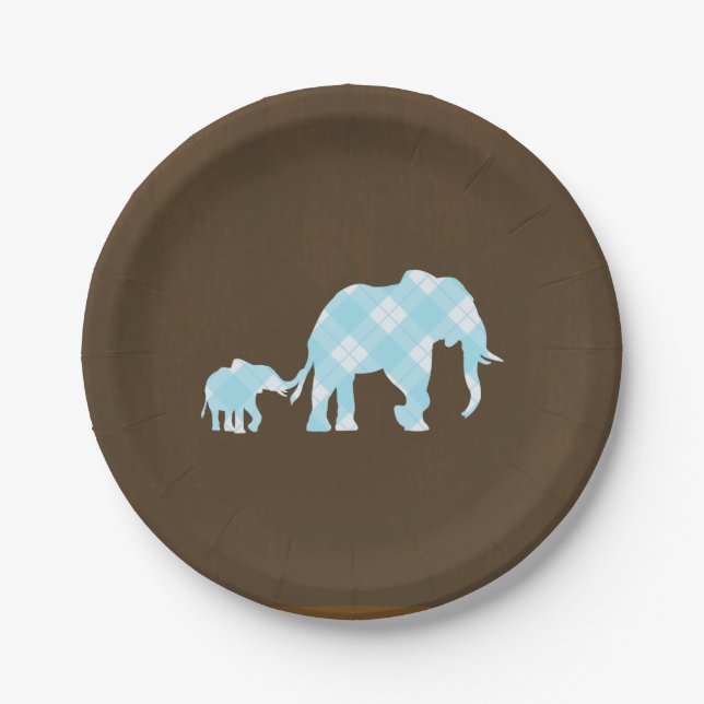 Plato De Papel Elefantes Azules Brown Moderno Baby Shower (Anverso)