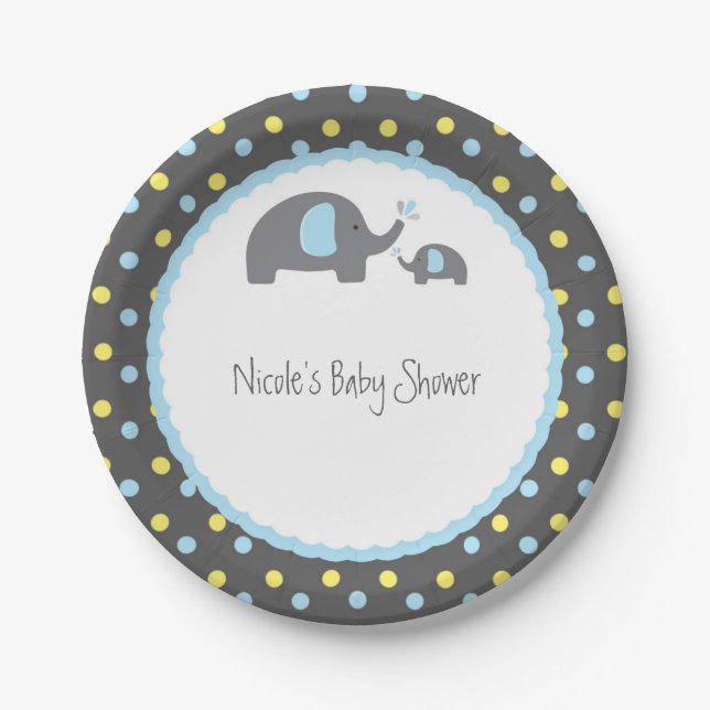 Plato De Papel Elefantes Baby Shower Gris azul y amarillo (Anverso)