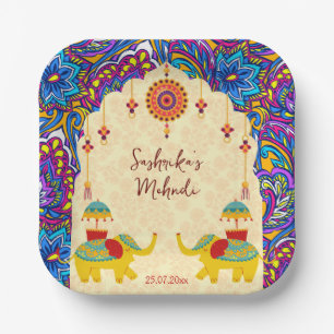 Plato De Papel elefantes bodas indios patrón azul personalizado