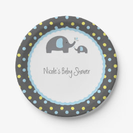 Plato De Papel Elefantes de Baby Shower Azul Gris y Amarillo