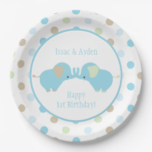Plato De Papel Elefantes gemelos Blue Baby Polka Dots fiesta de c