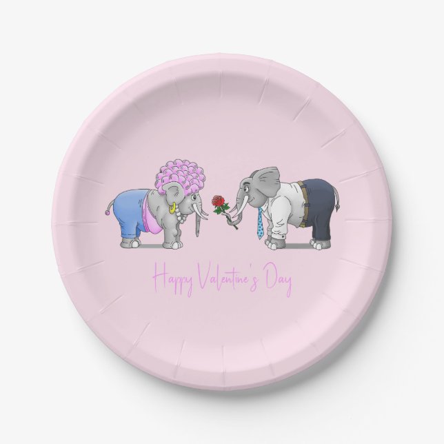 Plato De Papel Elefantes Románticos Día de San Valentín (Anverso)