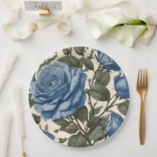 Plato De Papel Elegancia Azul: Rosas Provinciales Antiguas en Flo