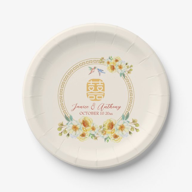 Plato De Papel Elegancia de ave floral amarilla de marco boda chi (Anverso)