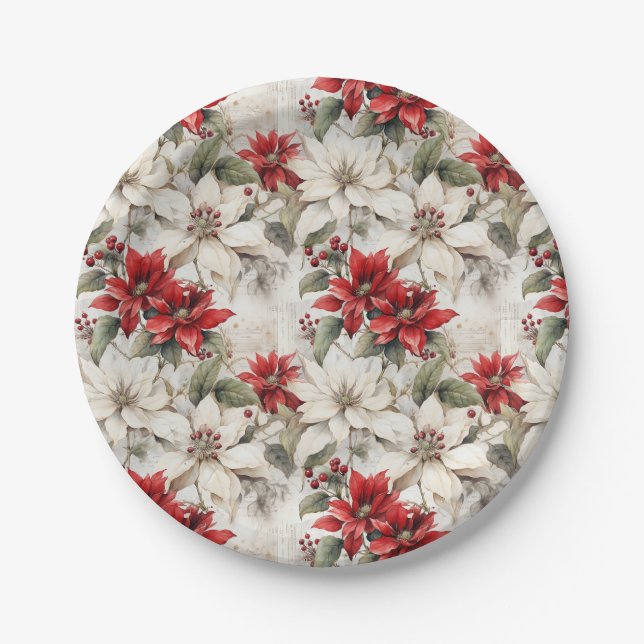 Plato De Papel Elegancia de poinsettia blanca y roja besada por n (Anverso)