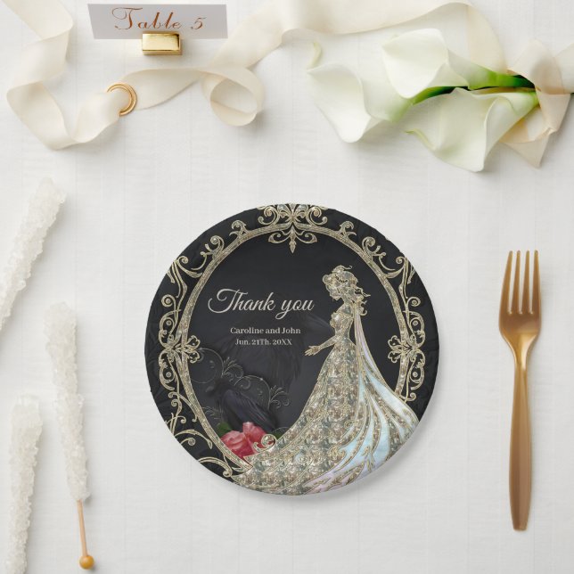 Plato De Papel Elegancia en oro y negro. (Boda)