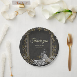 Plato De Papel Elegancia en plata y negro.