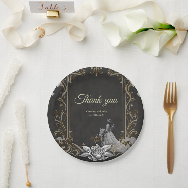 Plato De Papel Elegancia en plata y negro. (Boda)