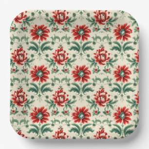 Plato De Papel Elegancia floral de Navidades rojos y verdes