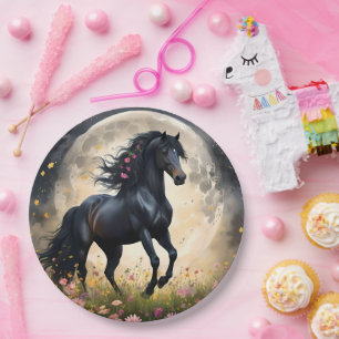 Plato De Papel Elegancia lunar: caballo negro de fantasía con lun