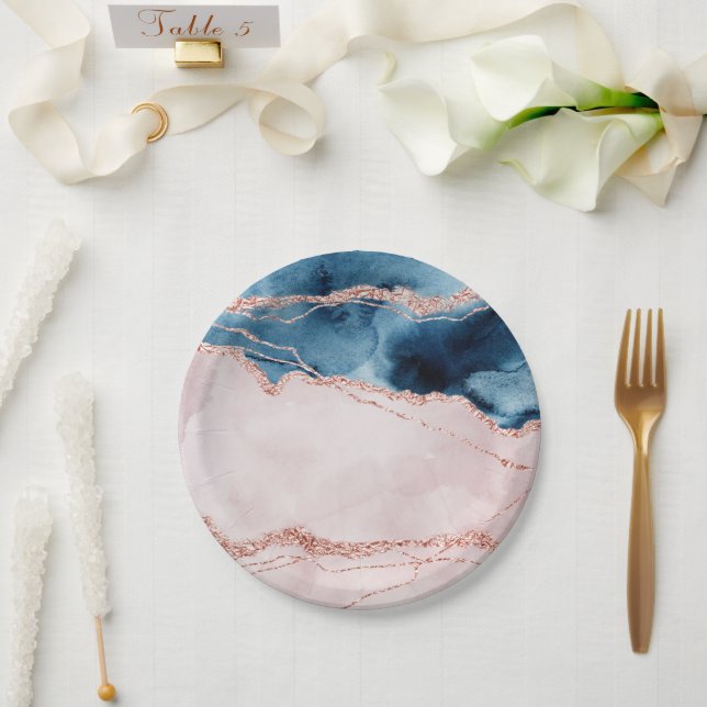 Plato De Papel Elegancia mística | Agante de oro azul y Rosa Verd (Boda)