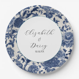 Plato De Papel Elegancia porcelana: Boda Floral Azul
