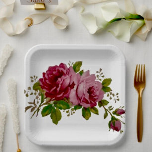 Plato de papel elegancia rosa repollo vintage