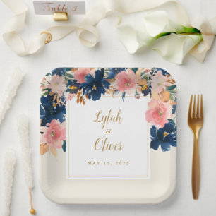 Plato De Papel Elegancia salvaje   Boda Naval Rubor & Gold