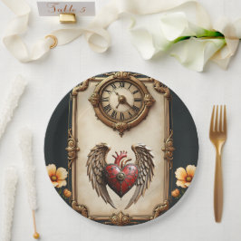 Plato De Papel Elegancia vintage: un reloj y un corazón elegantes