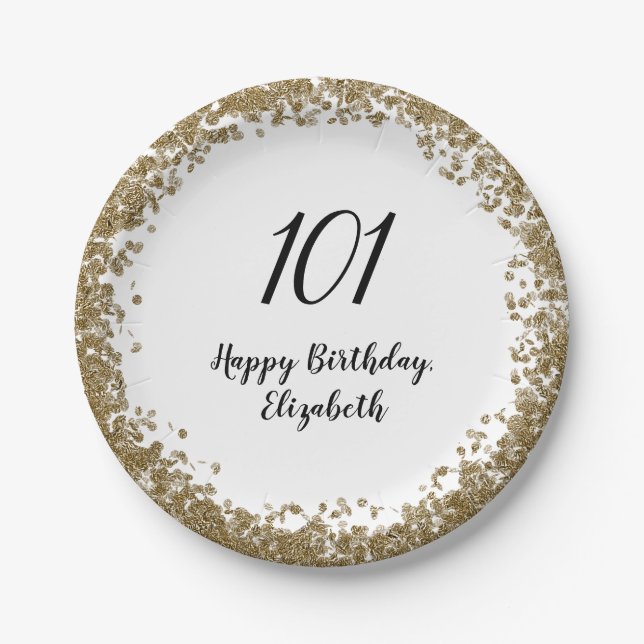 Plato De Papel Elegant 101st Birthday Plates With Gold Sequins (Anverso)