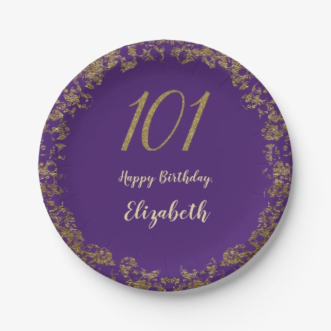 Plato De Papel Elegant 101st Birthday Purple and Gold (Anverso)