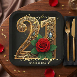 Plato De Papel Elegant 21st Birthday Black Gold Filigree Red Rose