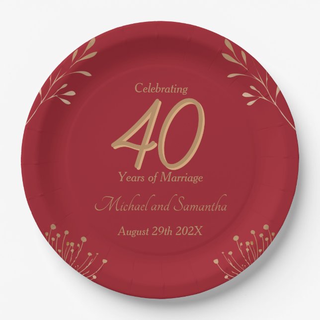Plato De Papel Elegant 40th Ruby Wedding Party (Anverso)
