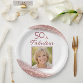 Plato De Papel Elegant 50 & Fabulous Rose Gold Photo Birthday 