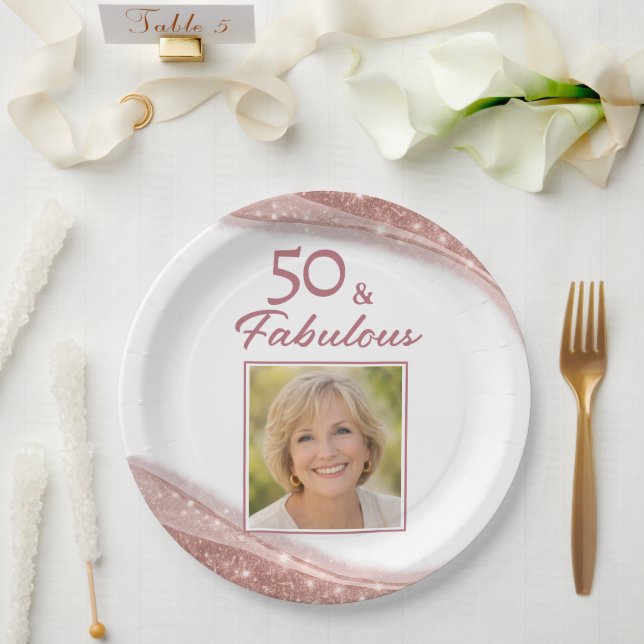 Plato De Papel Elegant 50 & Fabulous Rose Gold Photo Birthday  (Boda)