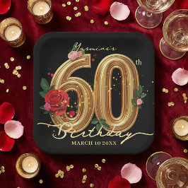 Plato De Papel Elegant 60th Birthday Party Black Gold Red Rose