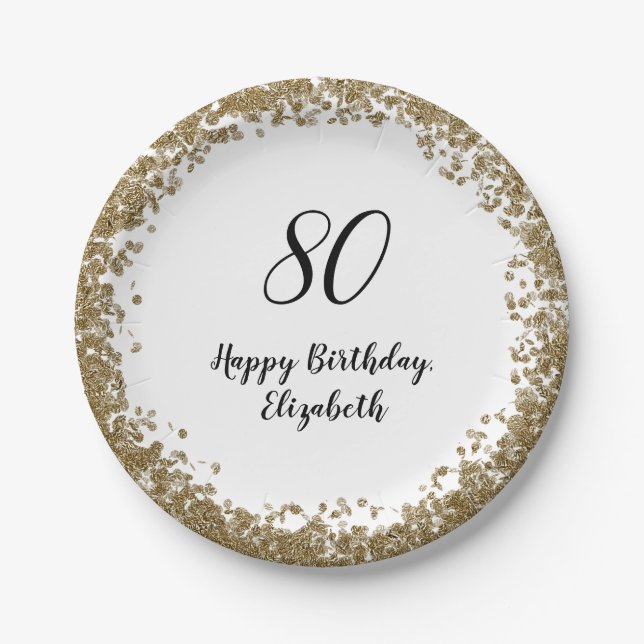 Plato De Papel Elegant 80th Birthday Plates With Gold Sequins (Anverso)