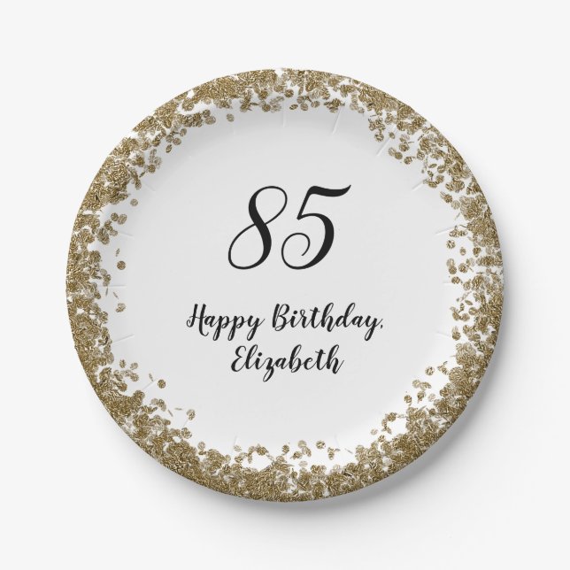 Plato De Papel Elegant 85th Birthday Plates With Gold Sequins (Anverso)