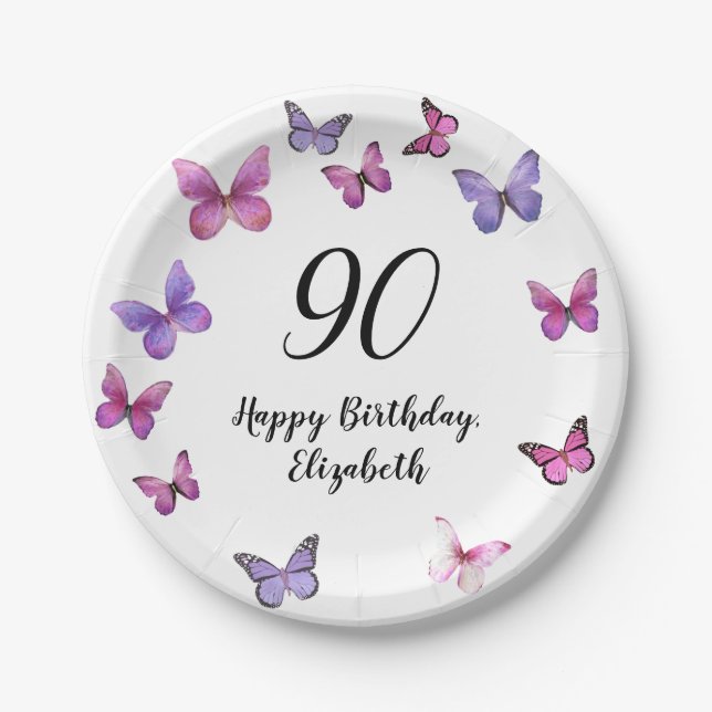 Plato De Papel Elegant 90th Birthday Butterflies Custom Name (Anverso)