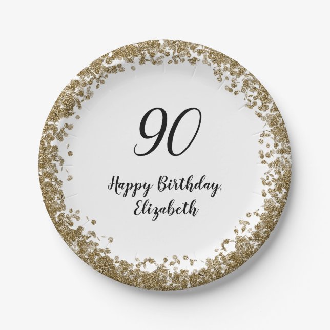 Plato De Papel Elegant 90th Birthday Plates With Gold Sequins (Anverso)