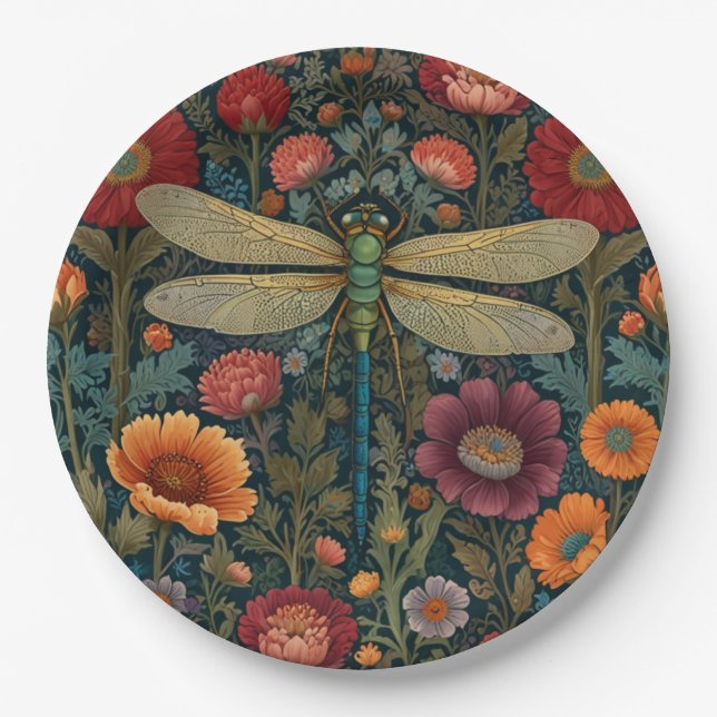 Plato De Papel Elegant art nouveau Autumn floral Dragonfly (Anverso)