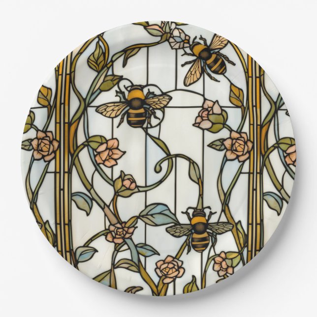 Plato De Papel Elegant art nouveau botanical  bee stain glass (Anverso)
