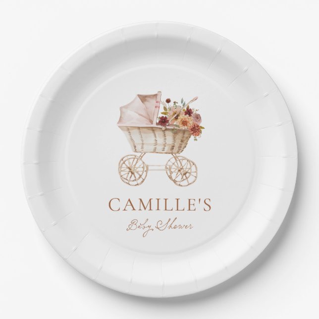 Plato De Papel Elegant Autumn Burgundy Floral Baby Shower (Anverso)