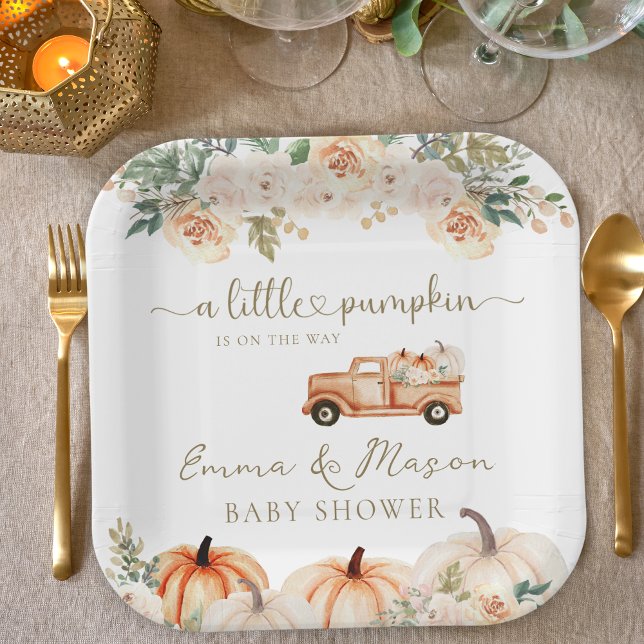 Plato De Papel Elegant Autumn Floral Pumpkin Truck Baby Shower (Subido por el creador)