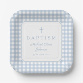 Plato De Papel Elegant Baby Blue Gingham Boy Baptism