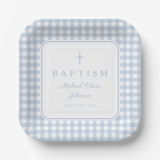 Plato De Papel Elegant Baby Blue Gingham Boy Baptism (Anverso)