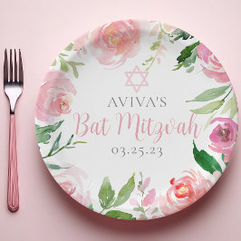Plato De Papel Elegant Bat Mitzvah Party Personalized Pink Floral