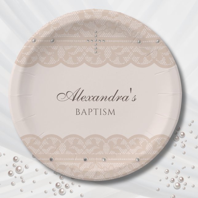 Plato De Papel Elegant Beige Cross Christening Christian Baptism (Subido por el creador)