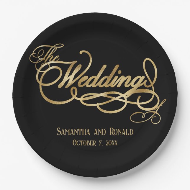 Plato De Papel Elegant Black and Faux Gold Calligraphy Wedding (Anverso)
